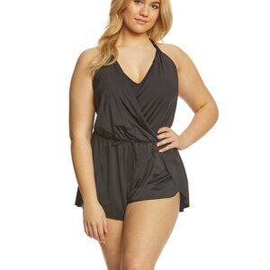 REACTION BY KENNETH COLE - Women's V-Neck Romper Dress Swimsuit - Black - XL